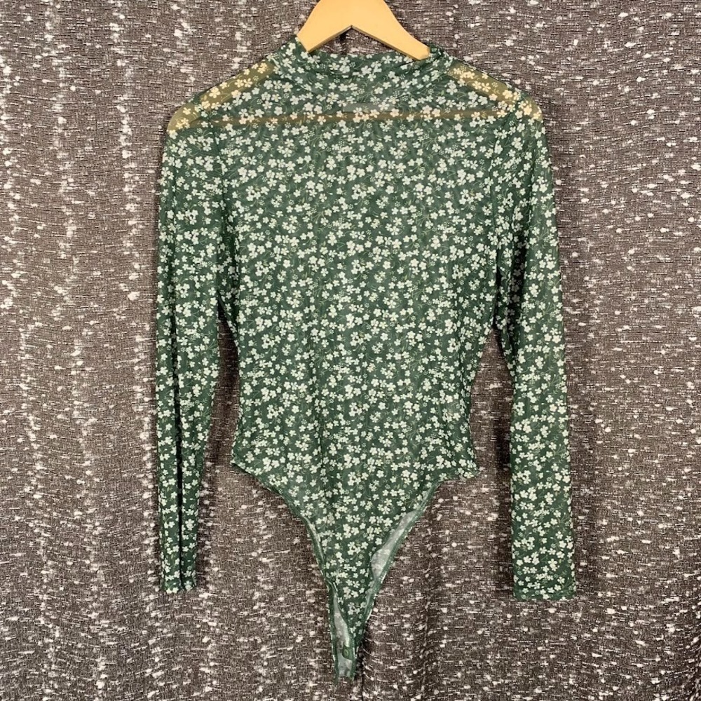Blush Boutique Green Floral Mesh Bodysuit Mock Neck Festival Women's Large